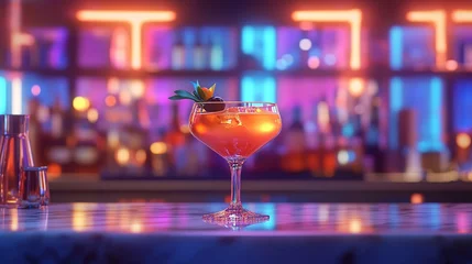 A high-end bar scene featuring expertly crafted cocktails with glowing garnishes, served in sleek glassware. The background includes soft neon lights, 16:9