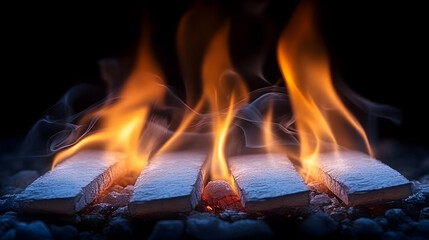 Fiery flames engulfing white wooden planks atop dark embers.