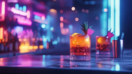 A high-end bar scene featuring expertly crafted cocktails with glowing garnishes, served in sleek glassware. The background includes soft neon lights, 16:9