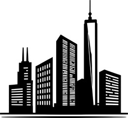 Obraz premium City buildings and skyscrapers black vector icon isolated on a transparent background.