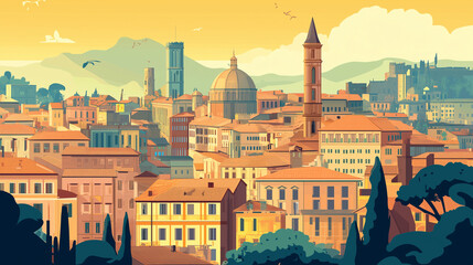 Fototapeta premium Illustration, Cityscape of Bologna in Italy, touristic advertisement poster. Promotional touristic poster. Beautiful city in Italy. Must-see tourist travel destination.