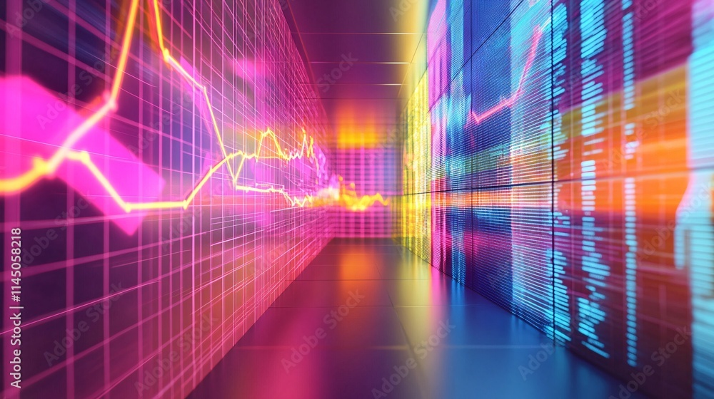 Poster a vibrant, futuristic hallway illuminated with colorful, high-tech data visualizations and graphs.