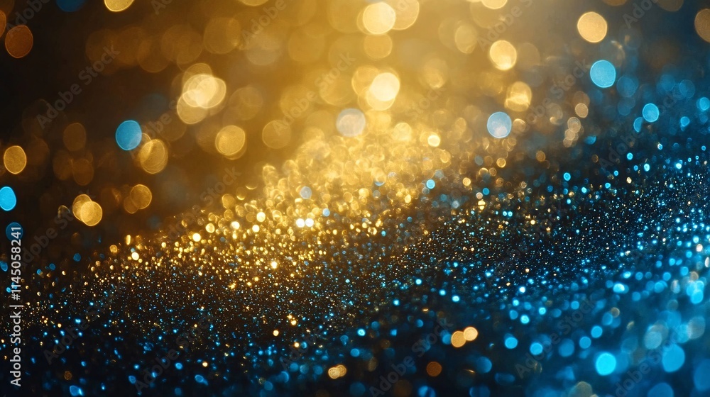 Poster a mesmerizing blend of golden and blue glittering particles, creating a captivating abstract backgro
