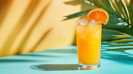 Refreshing Citrus Beverage with Ice and Orange Slice Against a Colorful Background with Palm Fronds, Perfect for Summer Themes and Tropical Vibes