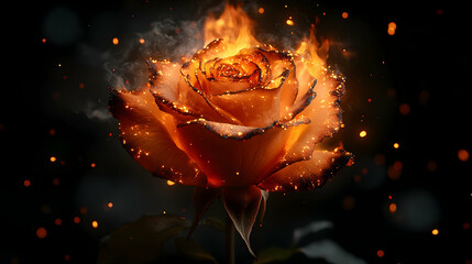 Fiery orange rose engulfed in flames and sparks against a dark background.