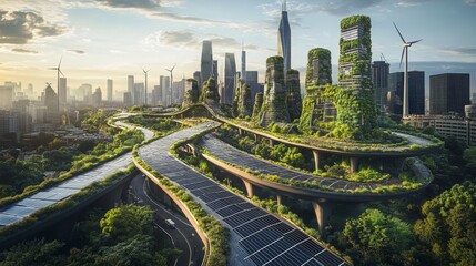 A futuristic image of eco-friendly infrastructure, featuring solar panel-covered highways, vertical gardens on skyscrapers, and wind turbines in the distance, 16:9