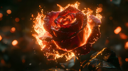 Fiery red rose engulfed in flames, dark background.