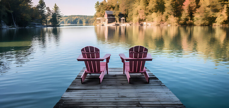 Two red chairs on a wooden dock overlook a calm, clear lake surrounded by trees, reflecting tranquility and peaceful solitude.
