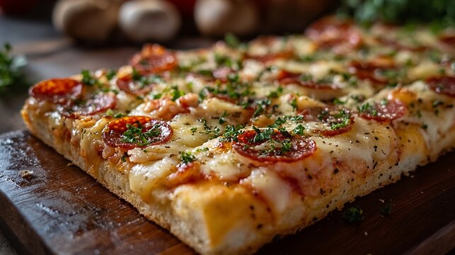 A rectangular cut slice of pizza topped with cheese and pepperoni.