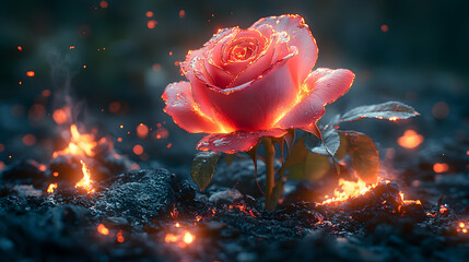 Fiery rose blooming from ashes.