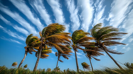 Obraz premium Palm trees swaying in a windy tropical sky.