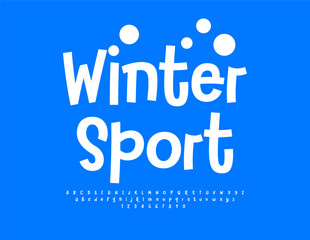 Vector active banner Winter Sport. Snowy White Font. Playful Alphabet Letters and Numbers set