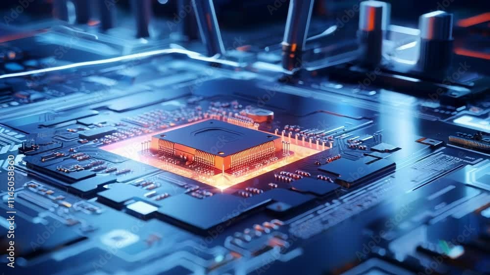 Poster modern cpu processor is glowing on a motherboard with blue lights, symbolizing the power and potenti