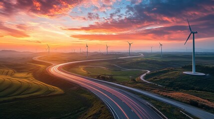 Fototapeta premium A serene yet dynamic image of modern rural infrastructure, showcasing newly paved roads, clean energy installations, and bridges connecting remote villages to cities, 16:9