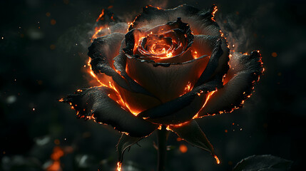 Fiery rose engulfed in flames, dark background, sparks.