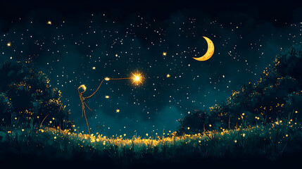 Person holding glowing stick under crescent moon and starry night sky.