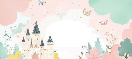 Fairy Tale Themed Greeting Card with Pastel Castle and Whimsical Illustrations for Children's Events