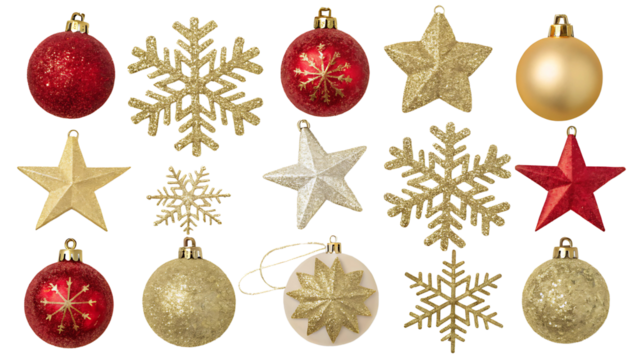 A collection of Christmas ornaments, including stars, baubles, and snowflakes, each with glittering gold and red accents, arranged on a transparent background  - Powered by Adobe