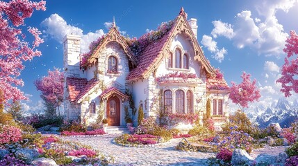 Obraz premium A whimsical fairytale cottage with a pink tiled roof is surrounded by blooming cherry blossoms under a bright blue sky.