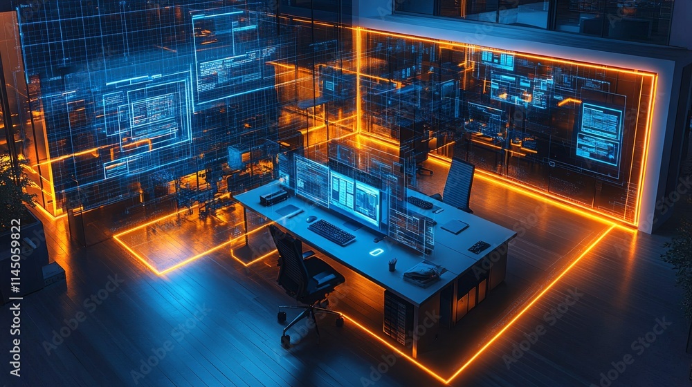 Poster showcasing ai integration in modern smart office environments with advanced technology