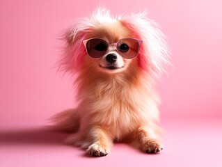 Obraz premium A small dog wearing sunglasses and posing on a pink background.