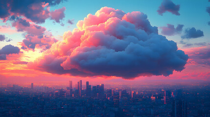 Obraz premium Pink sunset cloud over cityscape.