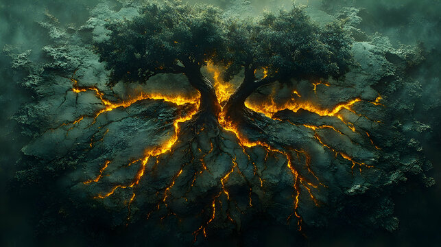 Fiery tree roots bursting from cracked earth.