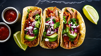 Flat lay of three Mexican pork carnitas tacos