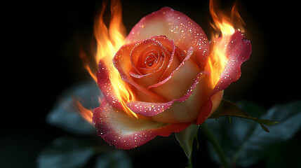 Flaming rose with water droplets.