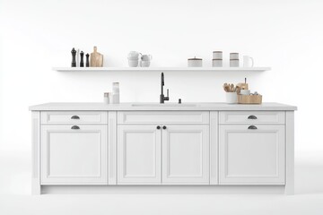 White kitchen cabinets, countertop, sink, and floating shelves with kitchenware.
