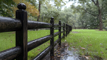 Rainy day scene with wooden fence and green grass.