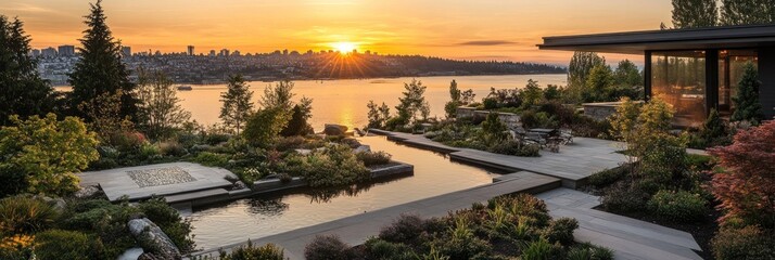 Sunset view of a modern house with a waterfront garden and reflecting pool.