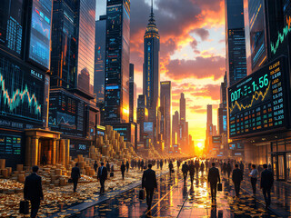 Fototapeta premium Golden coins stacked with rising graph, city skyline background symbolizing financial growth.