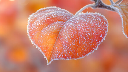 Frost-covered heart-shaped autumn leaf on branch.