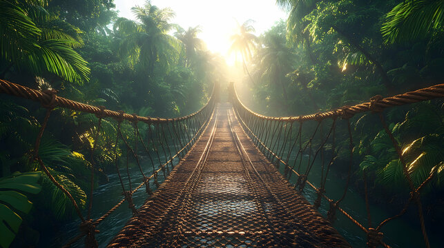 Fototapeta Rope bridge crossing jungle river at sunrise.
