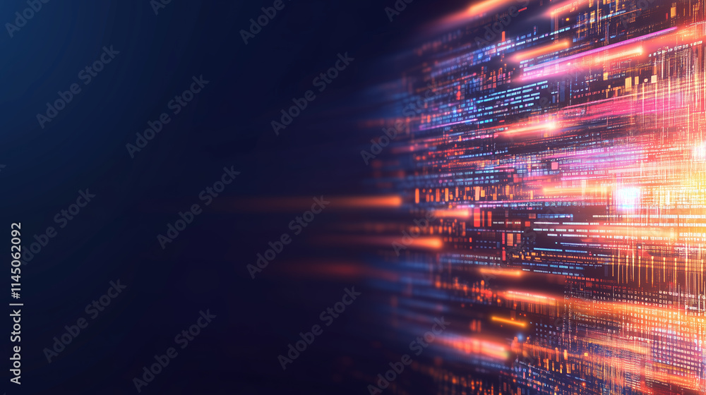 Poster dynamic abstract digital design showing vibrant light trails in a dark background