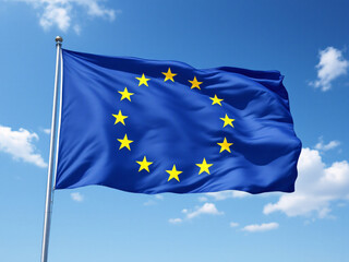 European Union flag waving against a clear blue sky with scattered clouds.