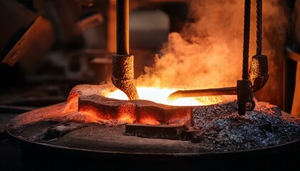 A close up view of orange and red glow of melting metal in a foundry; metal melting and forming at a foundry by a blacksmith; boiling point of metals in a foundry; glowing melting metal; hot melting
