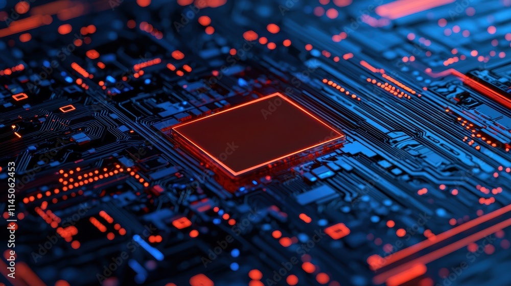 Aufkleber close-up of glowing red cpu on futuristic circuit board