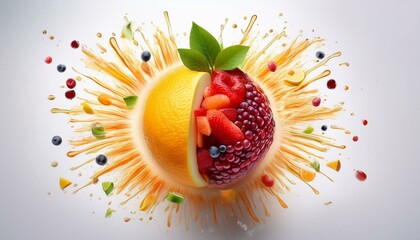 A burst of flavor surrounding the fruit; colorful explosion of flavor from a fruit; food photography; graphic resources; graphic elements; healthy fruits; explosion of colorful flavors from the fruit
