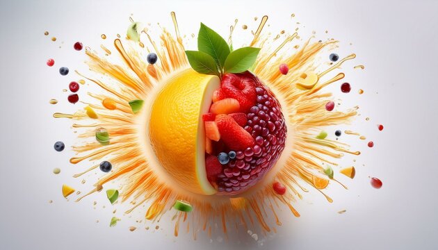 A burst of flavor surrounding the fruit; colorful explosion of flavor from a fruit; food photography; graphic resources; graphic elements; healthy fruits; explosion of colorful flavors from the fruit