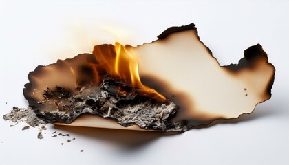 Fototapeta premium Burnt old paper with a white background; old and vintage paper with burnt edges; old manuscript paper with burned edges with flame; object photography; white background; burn and flame; vintage