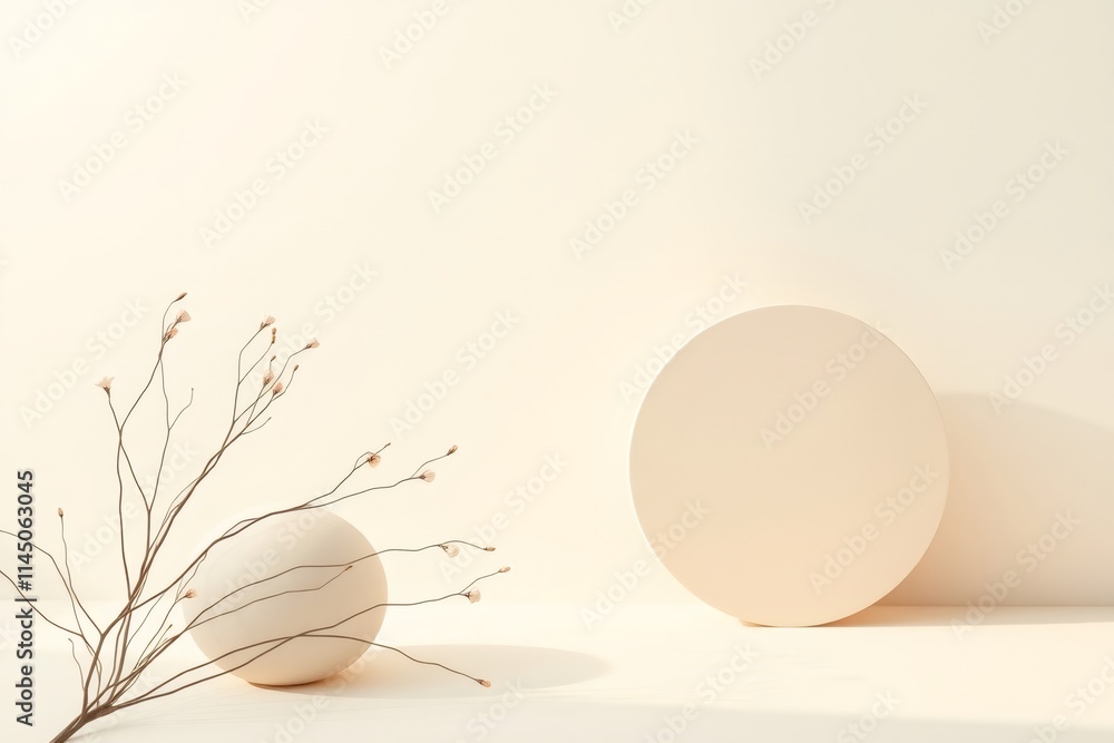 Poster minimalist product display: a serene and elegant product display featuring a sphere and a cylinder, 