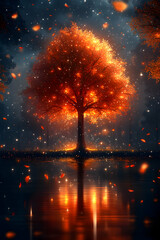 Glowing autumn tree reflected in still water at night, with falling leaves.