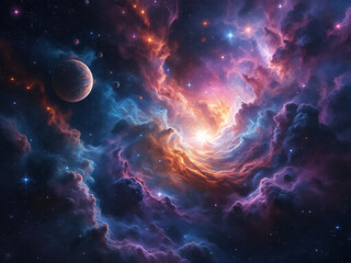 vibrant cosmic nebula with swirling colors and glowing stars in deep space.
