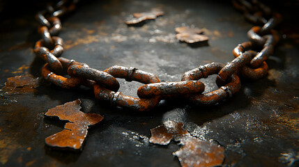 Rusty chain links on a dark, textured surface with scattered rust flakes.