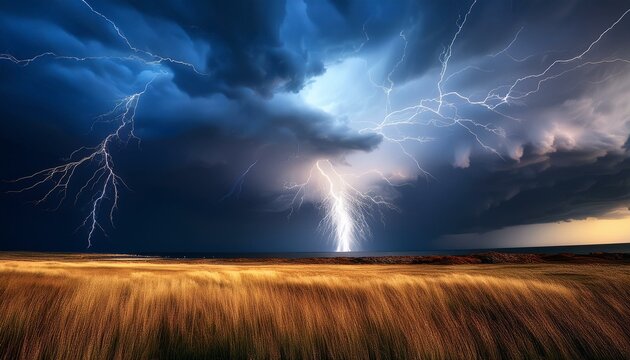 Thunder and lighting in the dark skies with gloomy clouds; wild and crazy weather with multiple lightning and thunder from the dark and gloomy clouds in the skies; weather photography; bad weather