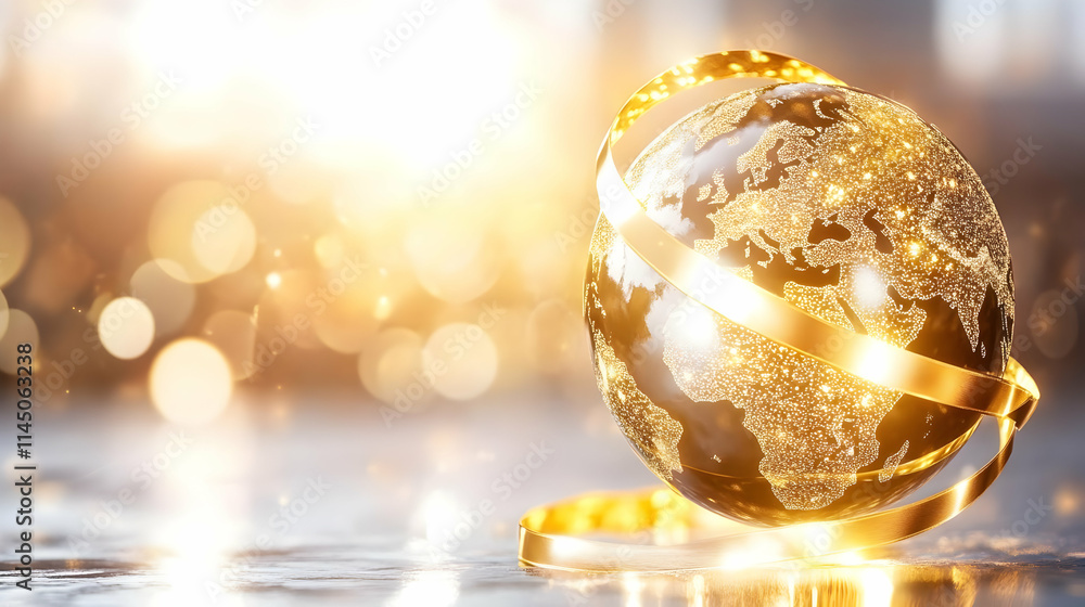 Poster golden ribbon wraps around sparkling globe symbolizing global connection and prosperity with interna