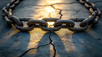 Rusty chain on cracked ground, backlit by sun.