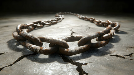 Rusty chain on cracked ground, low angle view.